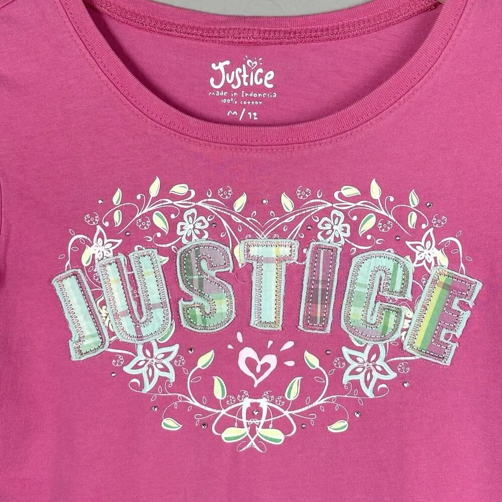 Vintage Y2K Justice Embellished Top Girls M Pink Big Spell Out Tee Rhinestones